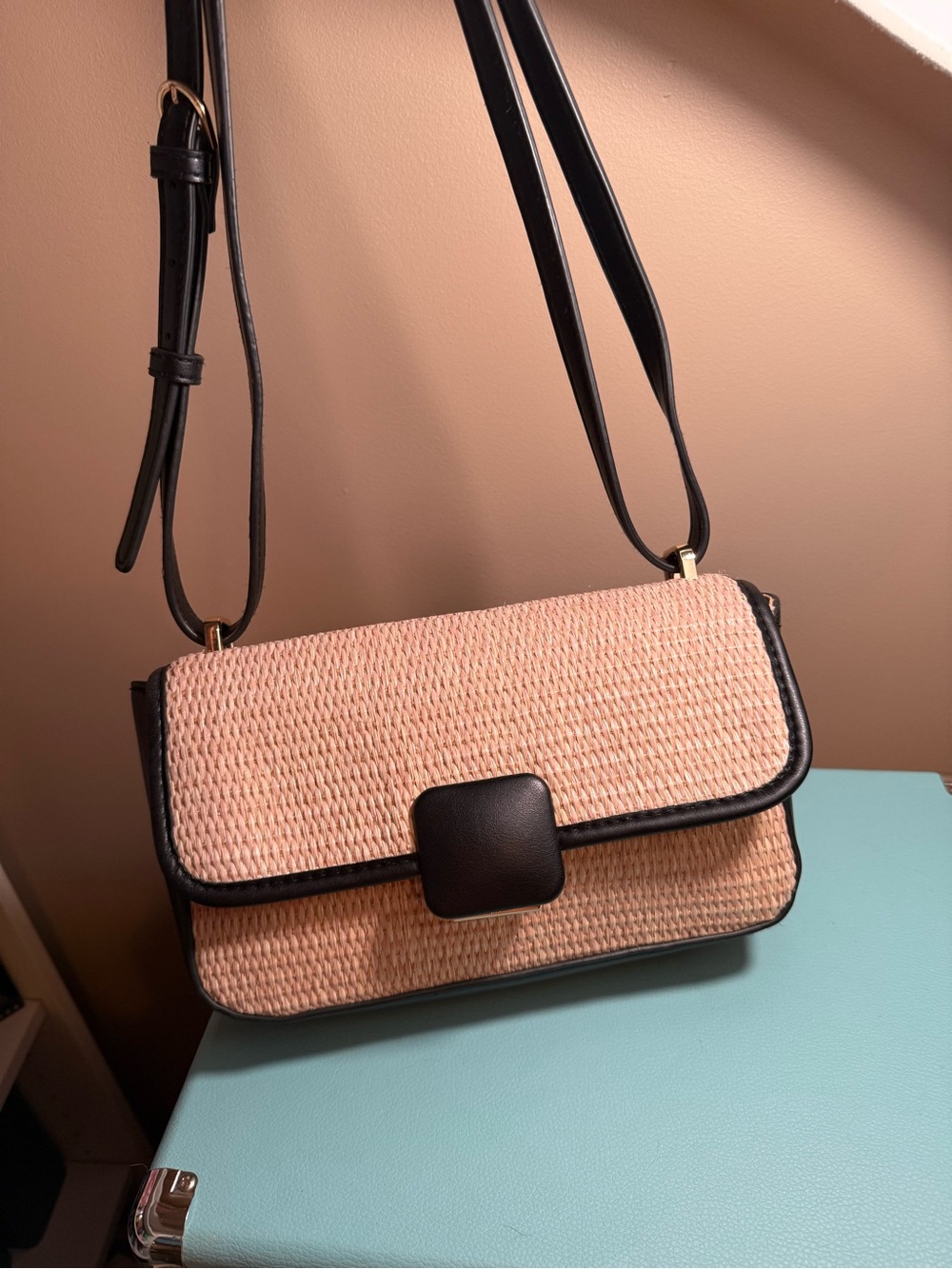 Woven Crossbody Shoulder Bag with Black Trim